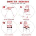 INFANS 4 in 1 High Chair–Booster Seat, Convertible Highchair w/Adjustable Height and Recline,Removable Tray,DetachableCushion, Installation-Free,Simple Fold for Baby, Infant& Toddler (Pink)