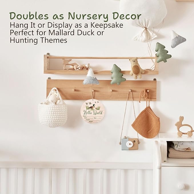 Mallard Duck Baby Announcement Sign, Hello World Newborn Sign, 6.7 Inch Round Wooden Name Sign for hospital, With Ink Pad for Hand and Footprints, Marker Pen, Baby Photo Prop & Keepsake