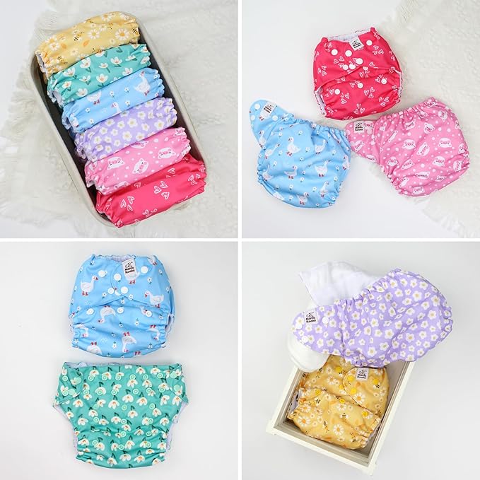 Mama Koala 3.0 Cloth Diapers for Babies with AWJ Lining, 6 Pack with 6 5-Layer Natural Cloth Diaper Inserts - Reusable and Washable Pocket Diapers(A-Flower Romance)