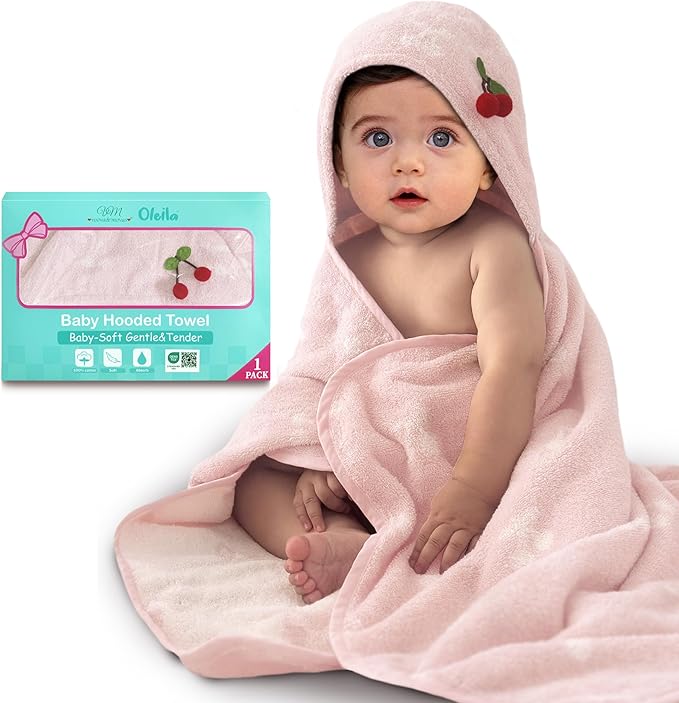 VOOVA & MOVAS Thick Baby Hooded Bath Towel - 100% Cotton,420GSM, 30.5x36 Inches,0-2Years, Super Absorbent Large Towel with Cherry Hood for Newborn,Toddler,Infant, Pink Cherry