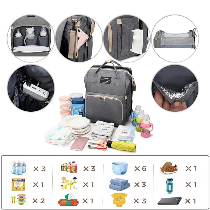 Diaper Bag with Changing Station,Baby Diaper Bag Backpack,7 in 1 Travel Diaper Bag,Baby Bag Mommy Bag With USB Charging Port (Grey)