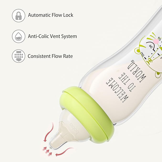 YOHKOH Natural Glass Baby Bottle with Natural Response Nipple, Newborn Anti-Colic Baby Bottles, Wide Neck Mushroom Cap Baby Bottle, Clear (8.8ounce (Pack of 2), Green1)