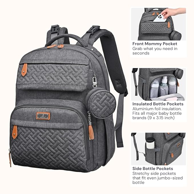 BabbleRoo Diaper Bag Backpack, Travel Backpack with Changing Pad, Pacifier Case & Stroller Straps, Multifunction, Waterproof, Unisex - Dark Gray