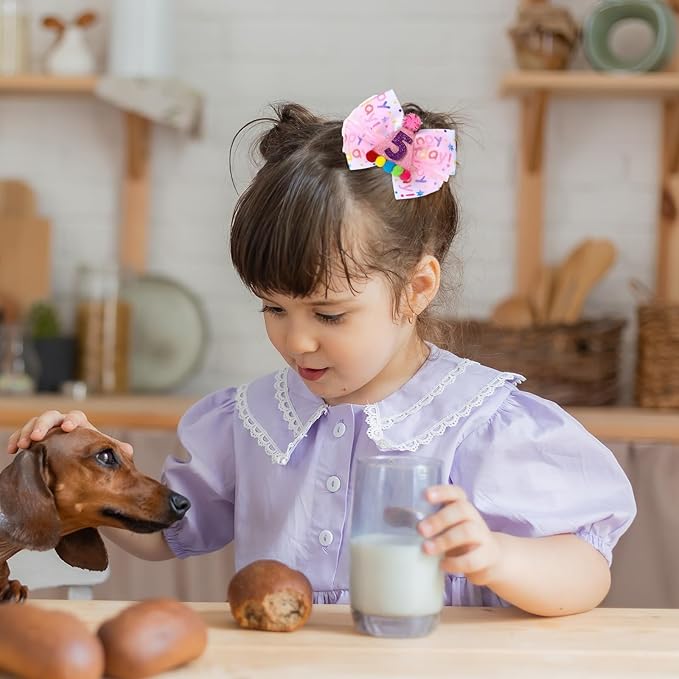 Birthday Hair Bow for Baby Girls 1 2 3 4 5 6 Year Old Sprinkle Hair Clips Happy Birthday Decorations for Girls Toddlers With Pom-Poms Ice Cream Candy Party Pink Hair Accessories for 5th Sweet Party
