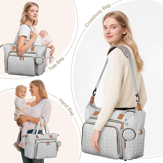 Diaper Bag Tote, Large Diaper Bags Waterproof, Hospital Bag for Labor Delivery, Baby Bag with Pacifier Case, Travel Diaper Tote with Changing Pad, Grey