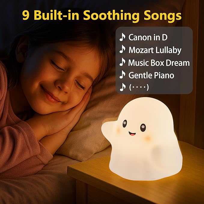 Halloween Ghost Night Light RGB – Touch Night Light for Kids, Rainbow Color-Changing,30-Min Timer,Sounds & Sleep Music, Squishy Silicone, USB Rechargeable, Nursery Decor, Ghost Light Decor