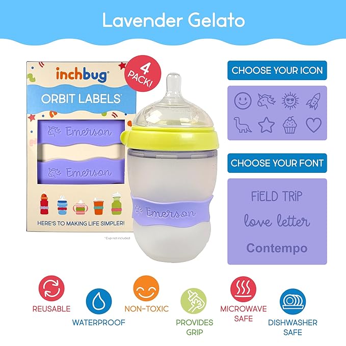 InchBug Orbit Labels Baby Bottle and Water Bottle Silicone Name Bands – Personalized Reusable Label Set for Daycare, Sippy Cups, Preschool, Elementary School, Dishwasher Safe, 4-Pack (Lavender Gelato)