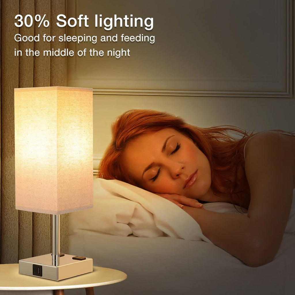 aooshine Beige Set of 2 Touch Lamp with USB Port-Nightstand Lamp with USB-C+A Charge Ports& AC Outlets, 3-Way Dimmable Bedside Lamp with Shade,Small Table Lamp for Bedroom Living Room(Bulb Included)