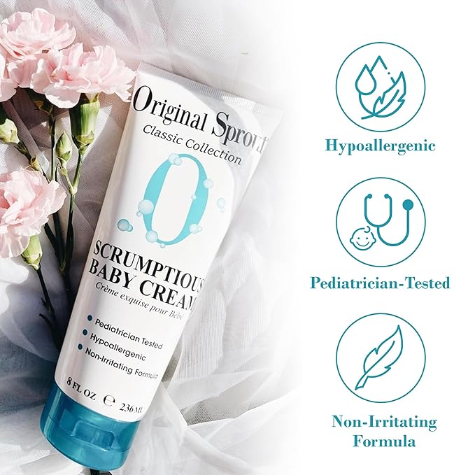 Original Sprout Scrumptious Baby Cream, Gentle Moisturizing Cream for Dry, Sensitive Skin & Diaper Rash, Non-Greasy Baby Lotion with Zinc Oxide & Calendula for Face & Body, 8 fl oz