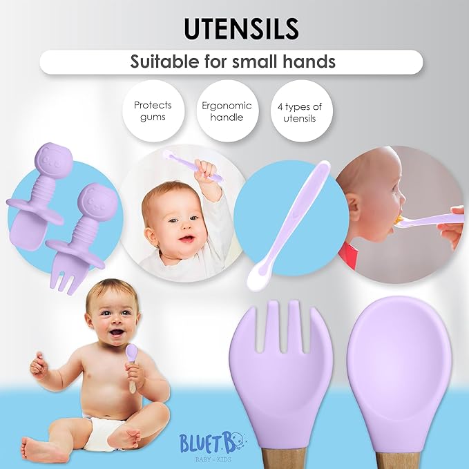 Bluet B- Silicone Baby Feeding Set with Pacifier - Baby Led Weaning Supplies - Baby Spoons, Suction Bowl - Plate - Baby Utensils Set - Silicone Feeding Set for Baby First Foods - 11pcs - Purple