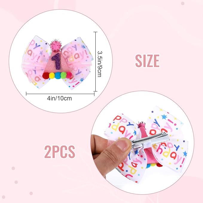 Birthday Hair Bow for Baby Girls 1 2 3 4 5 6 Year Old Sprinkle Hair Clips Happy Birthday Decorations for Girls Toddlers With Pom-Poms Ice Cream Candy Party Pink Hair Accessories for 1st Sweet Party