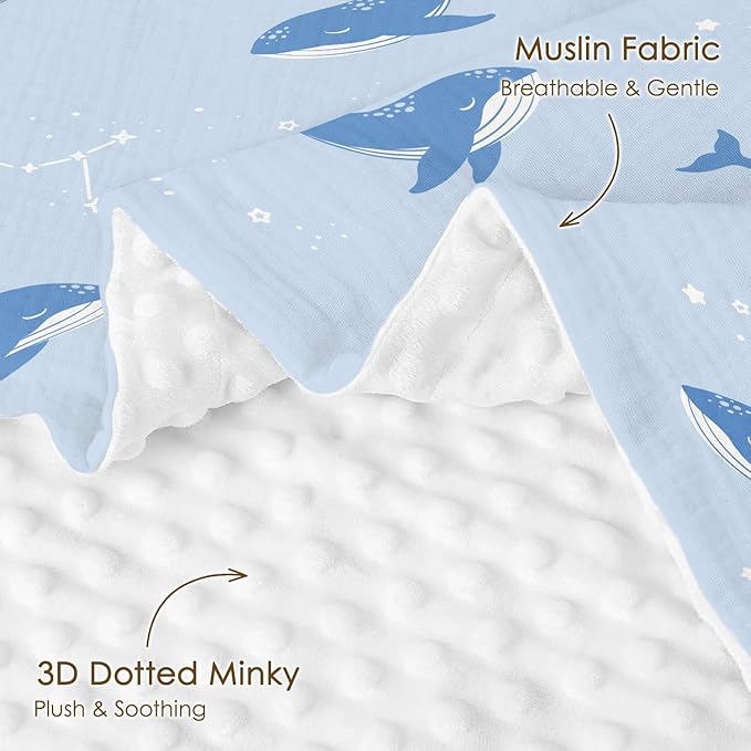 Whale Baby Blankets for Boys Girls, Soft Nursery Minky Blankets with Muslin and Dotted Fleece Back 30x40 inches, Receiving Bed Quilt for Newborn, Infants, Toddlers