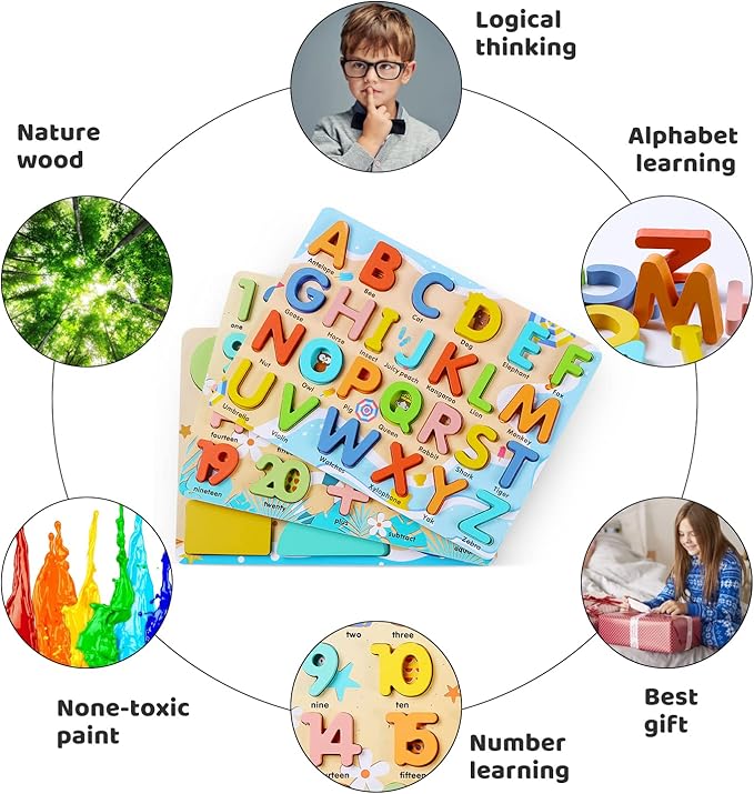 Wooden Puzzles for Toddlers, Voamuw Alphabet Number Shape Learning Education Preschool Toys for Kids Ages 3-6 Years Old (Set of 3)