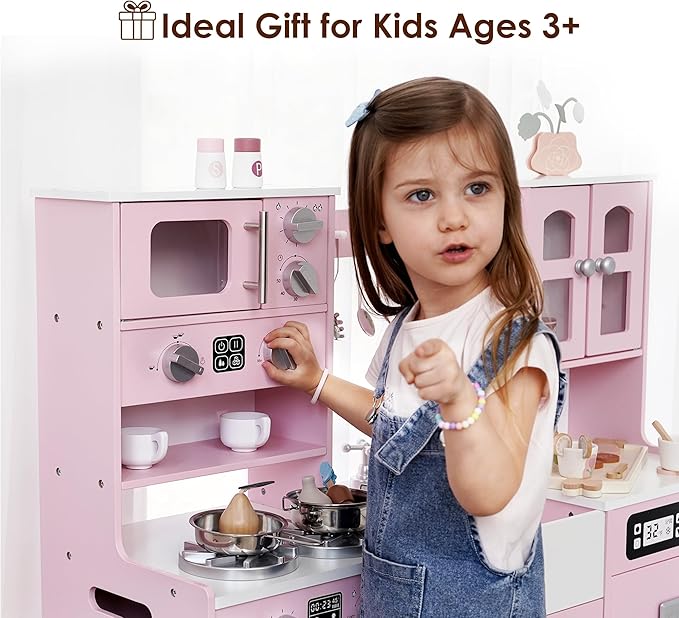 Wooden Play Kitchen for Toddlers and Kids with Lights & Sounds, Large Interactive Pretend Play Set with Ice Maker, Stove, Sink, Oven, 12 Accessories - Ages 3-8