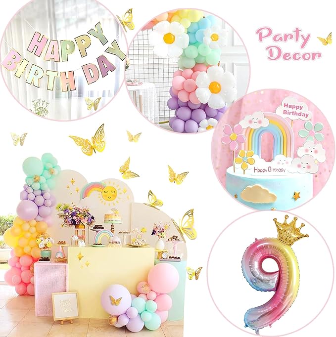 Pastel 219Pcs Daisy Balloon Garland Kit & Arch - 18 10 5 Inch Pastel Rainbow Balloons for 9th Birthday Girl