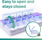 Sukuos AM PM Weekly 7 Day Pill Organizer, 2 Times A Day Pill Box with Arthritis Friendly Push Button, Medicine Cases for Vitamin/Fish Oil/Supplements, Easy to Clean (Purple&Blue)
