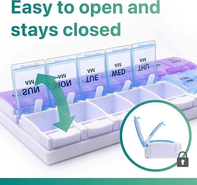 Sukuos AM PM Weekly 7 Day Pill Organizer, 2 Times A Day Pill Box with Arthritis Friendly Push Button, Medicine Cases for Vitamin/Fish Oil/Supplements, Easy to Clean (Purple&Blue)