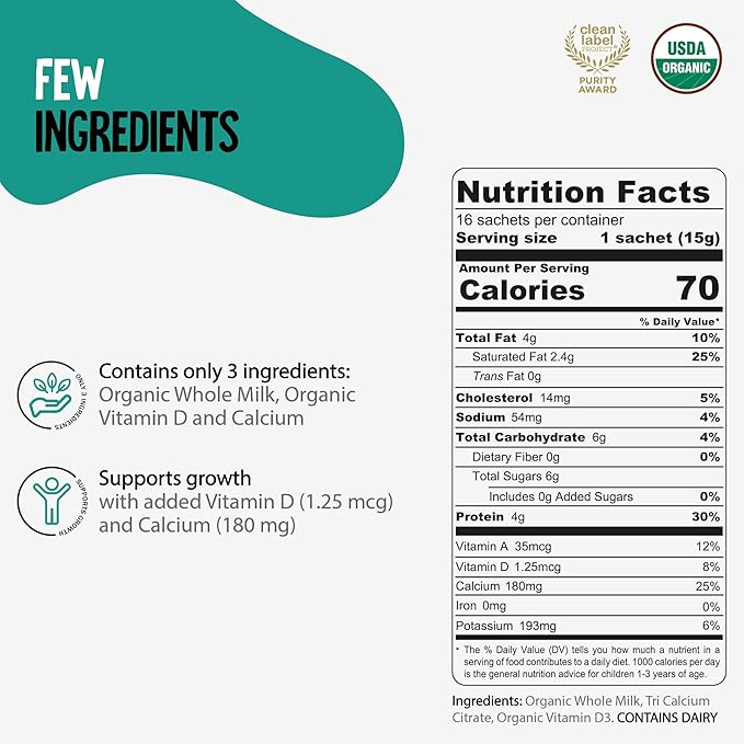 Voyager Toddler Milk On The Go, USDA Organic Shelf Stable Whole Milk Powder, Great for Travel, No Refrigeration, Gluten Free with No GMO's and No Antibiotics for Kids, 16 Sachets of 15g