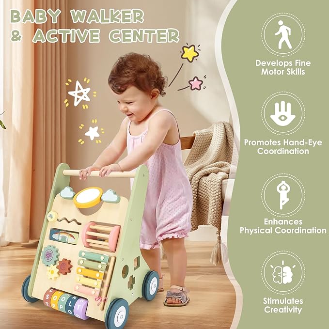Baby Push Walker, Wooden Baby Walker with Wheels, Montessori Push Walker for Babies 6-12 Months, Push Walking Toys for Boys&Girls 1 Year Old, Gifts for Toddler