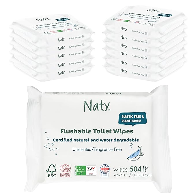 Naty Flushable Toddler & Baby Wet Wipes | Plant-Based, Water-Based for Sensitive Skin | Natural & Unscented Potty Training Wipes | Water-Degradable, Plastic-Free, Fragrance-Free | 504 Count (12 Packs)