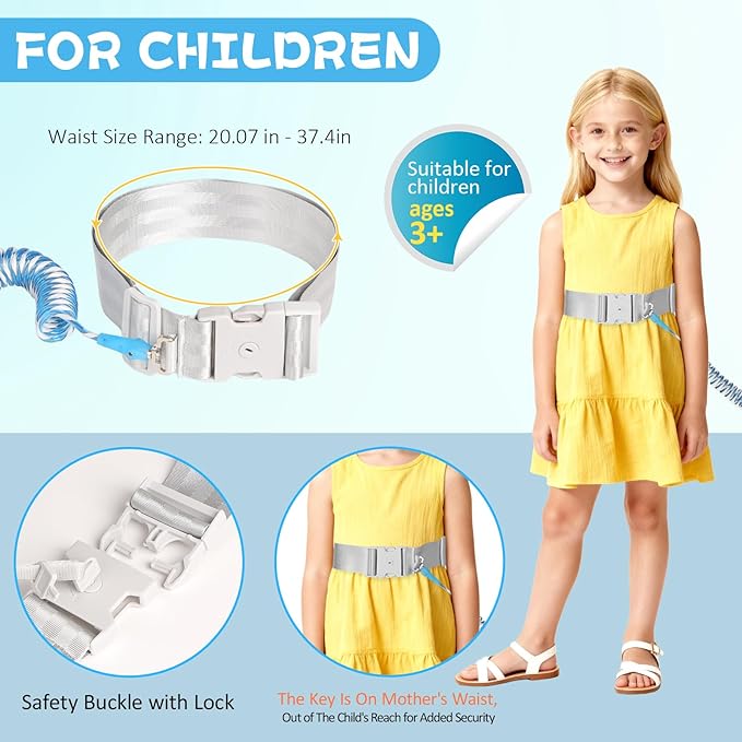 JXM Safety Waist Harness for Active Child, Hands Free Walking Leash with Lock for Autism, Secure Waist Belt for Special Needs, ADHD, Autistic Kids, Adjustable Elopement Tether with Key (Plus Size)