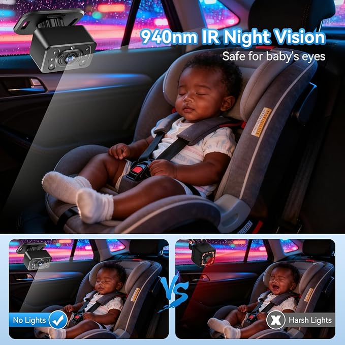 Dual Baby Car Camera for 2 Kids - 6.86 Inch IPS AHD 1080P Split Screen Monitor with 2 Backseat Cameras, Cigarette Lighter & USB Powered, IR Night Vision, 360° Rotatable, Rear-Facing Mirror