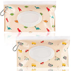 FEBSNOW 2 Pack Baby Wipes Dispenser, Portable Refillable Wipe Holder Baby Wipes Container Travel Wipes Case Reusable Wet Wipes Pouch (Dinosaur, Car)