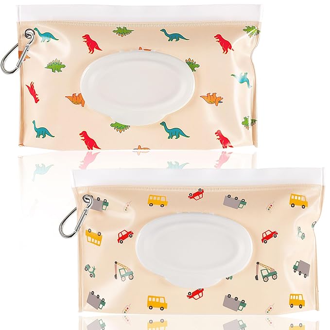 FEBSNOW 2 Pack Baby Wipes Dispenser, Portable Refillable Wipe Holder Baby Wipes Container Travel Wipes Case Reusable Wet Wipes Pouch (Dinosaur, Car)