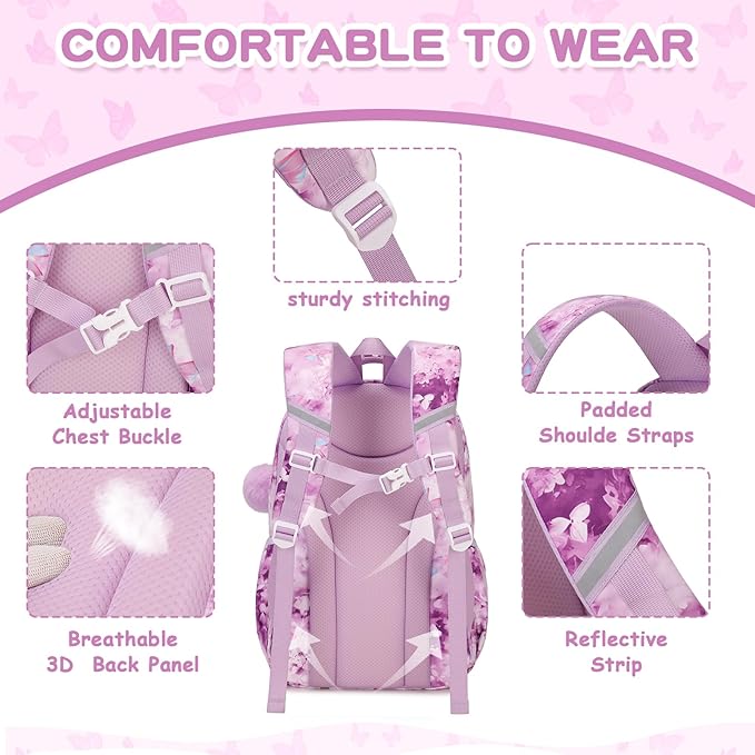 Kids Backpack for Girls School Bags for Middle School Students Book Bag for Elementary Primary Kawaii Ita Backpack, Purple Butterfly