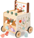 PairPear Wooden Baby Walker,6 in 1 Dinosaur Play Walker Adjustable Speed Push Cart with Brake & Shape Sorter,Natural Solid Wood Activity Center Toy for Toddlers 12M+