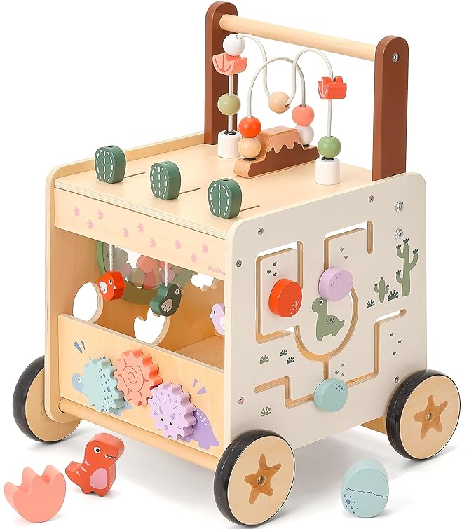 PairPear Wooden Baby Walker,6 in 1 Dinosaur Play Walker Adjustable Speed Push Cart with Brake & Shape Sorter,Natural Solid Wood Activity Center Toy for Toddlers 12M+