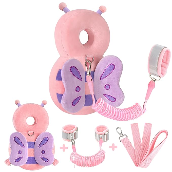 Baby Head Protection Backpack with Leash, Cute Toddler Protector Padded Pillow Carrier with Anti Lost Wrist Link for Crawling Walking, Butterfly Kid Harness Infant Cushion Pad for 6-18 Months Girls