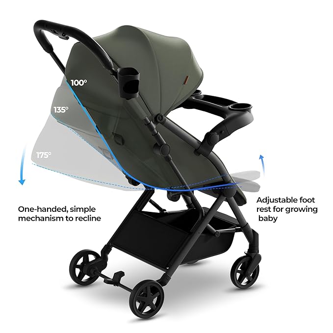 Mompush Lithe V2 Lightweight Travel Stroller, Compact Foldable Baby Stroller with Travel Bag, One-Hand Fold Stroller, Snack Tray, Mechanical Recline Seat, Airplane-Ready, UPF 50+ Canopy & Rain Cover