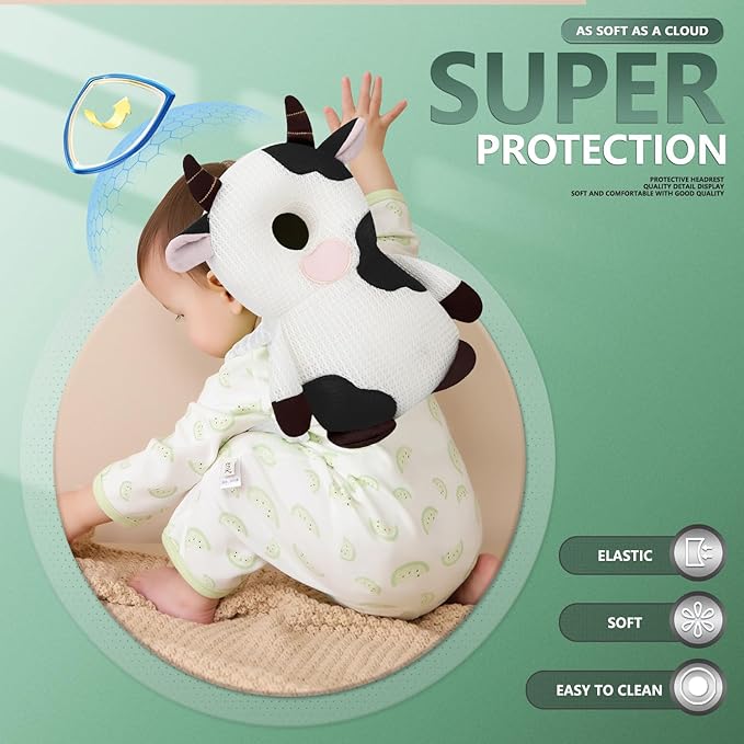 Baby Walker Head Protector Backpack Wear,Toddler Adjustable Baby Head Protection Backpack for Safety Baby Learning Walking Crawling (White Cow)