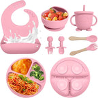 Baby Led Weaning Supplies, 8 Piece BPA-Free Silicone Feeding Set, Silicone Suction Bowl, Forks & Spoons, Bib & Cup, Develops Self Feeding Skills, Dishwasher Safe, for 6+ Months (Pink)