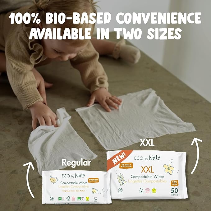 Naty Compostable XXL Baby Wipes - Unscented, 100% Plant-Based, Plastic-Free, Fragrance-Free, Hypoallergenic for sensitive skin and Dermatologically Tested (XXL - 600 Count - 12 Packs of 50)