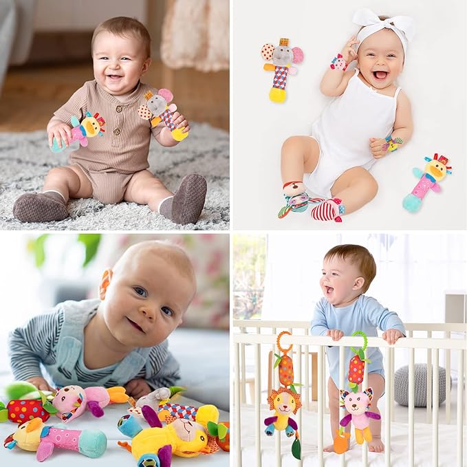 Baby Rattles Toys - Soft Hanging, Handheld & Foot Sock Rattles Set - Plush Stuffed Infant Toys for 0-3, 3-6, 6-12 Months - Newborn Gift
