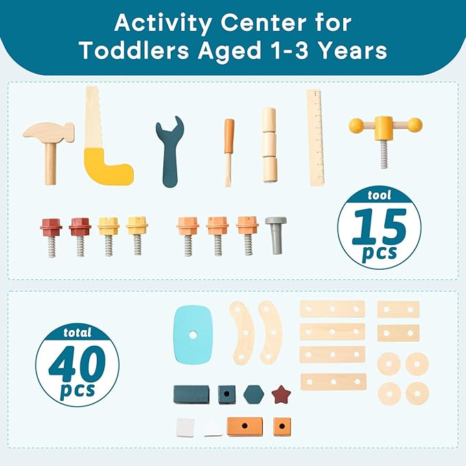 OESSUF 2-in-1 Wooden Baby Walker with 40 PCS Tool Toys – Baby Push Walker for 6-12 Months, Activity Center for Toddlers Aged 1-3 Years, Montessori Toy for Boys and Girls (Blue)