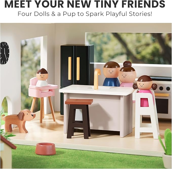 Tiny Land Doll House, Modern Family Dollhouse with Realistic Design, Wooden Dollhouse with 53Pcs Furniture - Ideal Gift for Kids Ages 3+