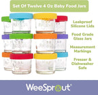 WeeSprout Glass Baby Food Storage Jars w/Lids (4 oz, 12 Pack Set) Snack, Puree, Reusable Small Containers, Breast Milk, Fridge or Freezer, Microwave & Dishwasher Safe, Essential Must Have for Infants