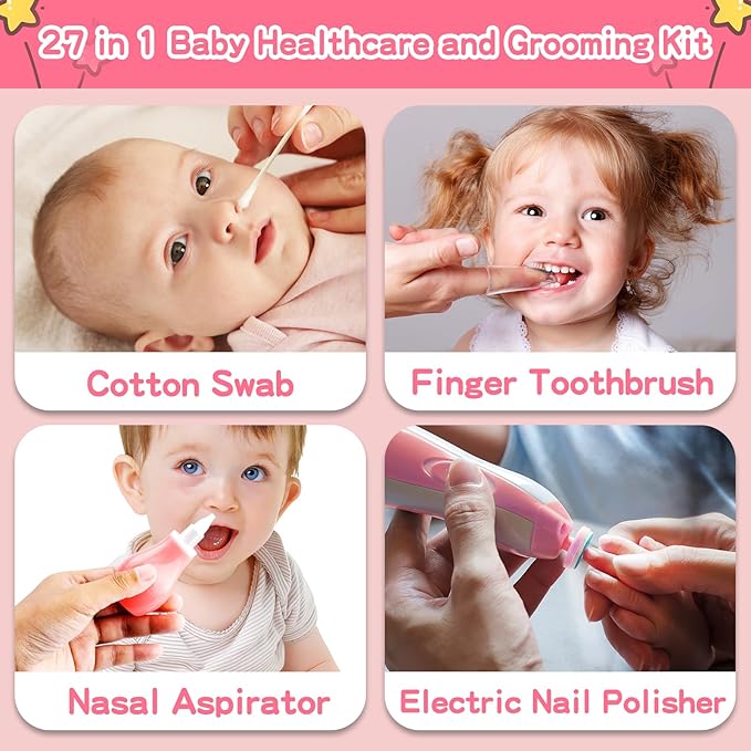 Infant Grooming Essentials: Electric Safety Nail Trimmer, Nasal Aspirator, Hair Brush, Comb, Nail Clipper (27 Piece Safety Care Set for Newborns - Pink)