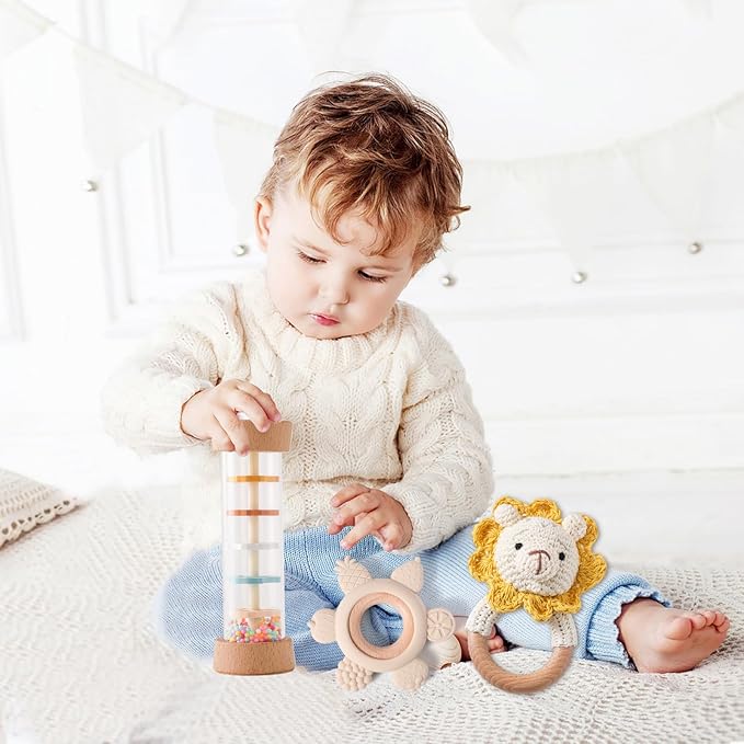 Youuys Wooden Baby Rattle Set (3pcs) - Crochet Rattle Rain Stick Teething Toys, Wooden Montessori Toy for Newborn Infant Baby Rattles Set Toys 3-6-12 Months(Lion)