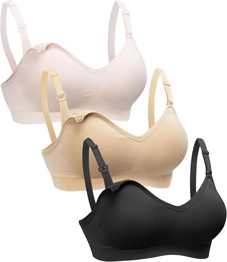 HOFISH Maternity Nursing Bras for Breastfeeding, 3 Pack Pregnancy Deep V Neck Wireless Bra with Extenders & Clips
