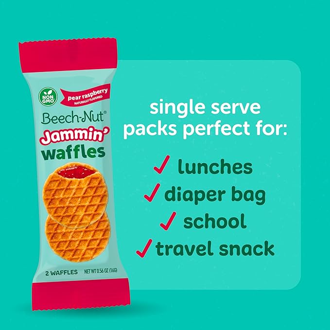 Beech-Nut Toddler Snacks Jammin' Waffles with Fruit Filling for Babies & Toddlers, Pear Raspberry, 10 Boxes (50 Individually Wrapped Packs)