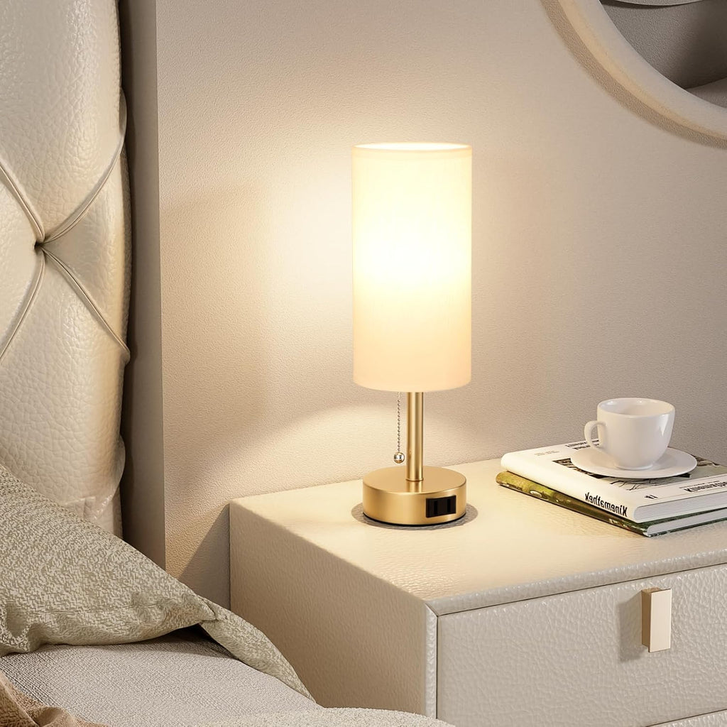 Gold Bedside Table Lamps Set of 2-3 Color Temperatures Pull Chain Lamp with AC Outlet Charging Port, Two Round Night Stand Lamps for Bedroom Office Living Room