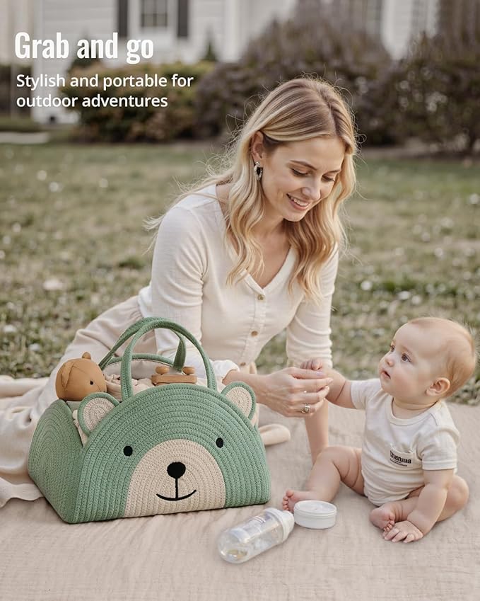 Blissful Diary Baby Diaper Caddy Organizer, Cotton Rope Diaper Caddy Basket, Large Storage Basket, Gift for Baby Shower, Newborn Essentials, Bear Roman Green