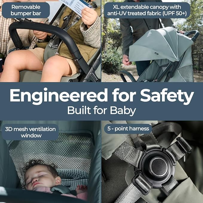 Inglesina Quid³ Stroller, Planet Green - Compact Reclining Travel Stroller for Baby & Toddler 0-55 lbs, One Hand fold, Car seat Compatible, Airplane Overhead, Lightweight, Foldable, XL UPF 50+ Canopy