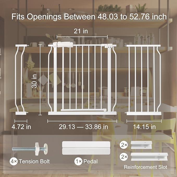 Extra Wide Baby Gate 48.03-52.76 Pressure Mounted,Child Dog Pet Safety Gates with Walk Through Door for Doorways Stairs No Drilling in Door,White
