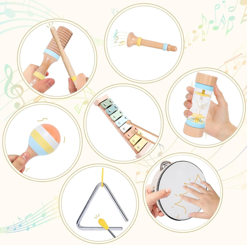 Wooden Musical Instruments Set for Toddlers 1-3, Baby Kids Montessori Toys Neutral Colors Percussion Set Preschool Educational Xylophone Music Toys for 2 3 4 Year Old Baby Girls Boys Birthday Gifts