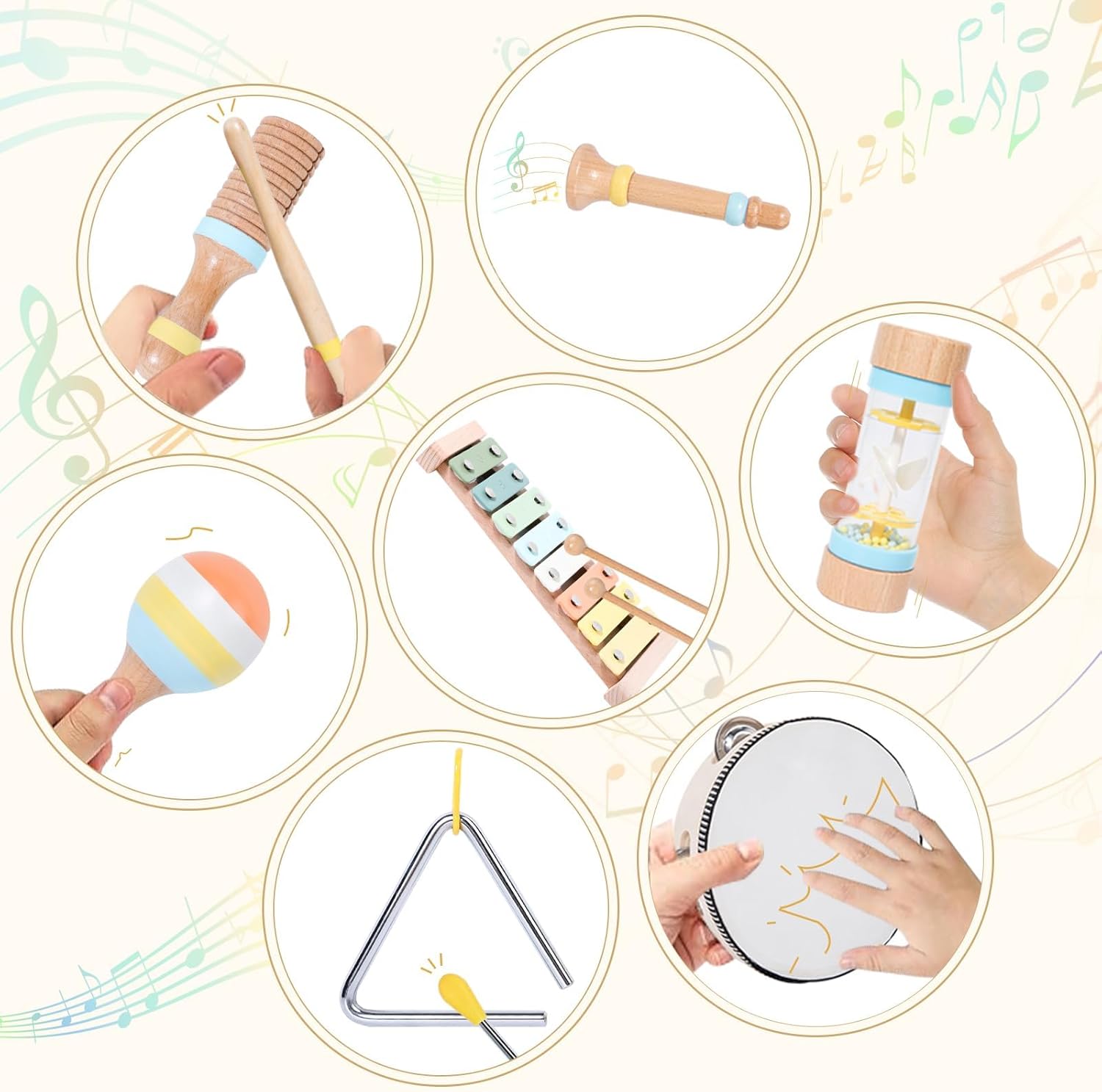Wooden Musical Instruments Set for Toddlers 1-3, Baby Kids Montessori Toys Neutral Colors Percussion Set Preschool Educational Xylophone Music Toys for 2 3 4 Year Old Baby Girls Boys Birthday Gifts